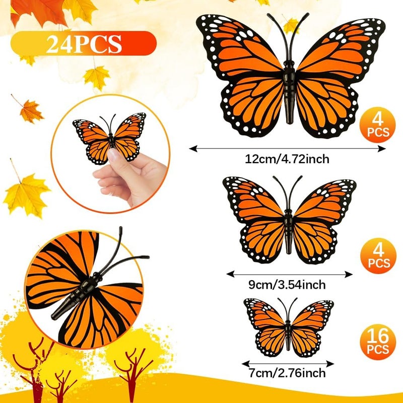 Liwidon Monarch Butterfly Decorations, 24 PCS Monarch Butterfly Wall Decor 3D Orange Fake Butterflies for Crafts Day of The Dead Halloween Party Supplies Autumn Wedding Home Wall Table Bedroom Decorations - Image 3